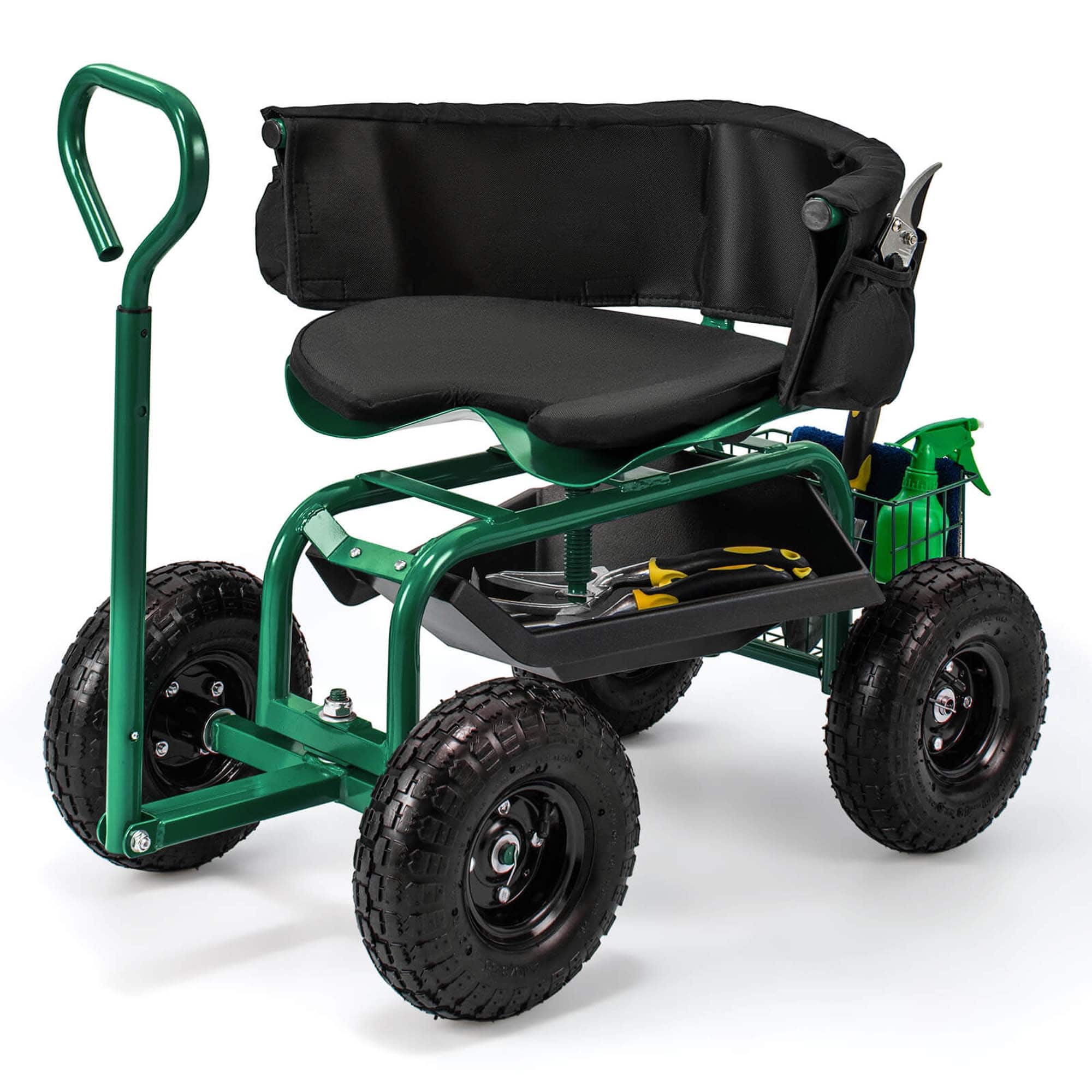 Costway - Rolling Garden Cart Height Adjustable Scooter with Swivel Seat & Tool Storage - Green