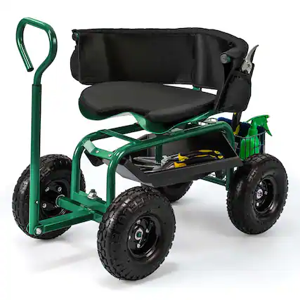 Front. Costway - Costway Rolling Garden Cart Height Adjustable Scooter with Swivel Seat & Tool Storage - Green.