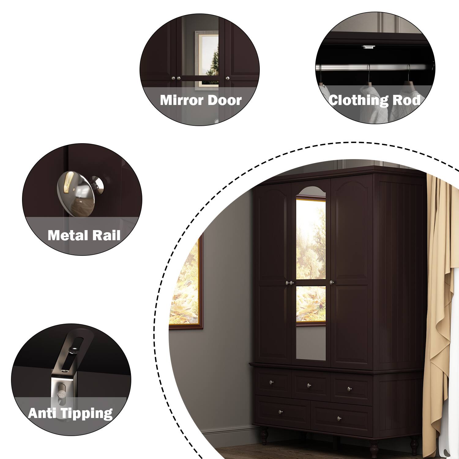 Mirror Door, Clothing Rod, Metal Rail, Anti Tipping