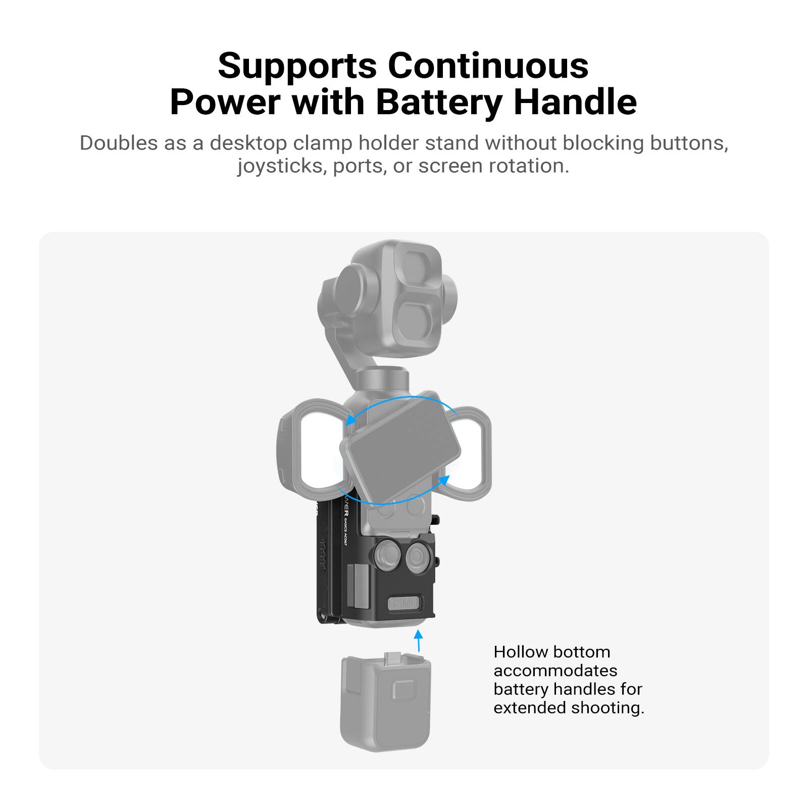 Supports Continuous Power with Battery Handle  
Doubles as a desktop clamp holder stand without blocking buttons, joysticks, ports, or screen rotation.  
Hollow bottom accommodates battery handles for extended shooting.