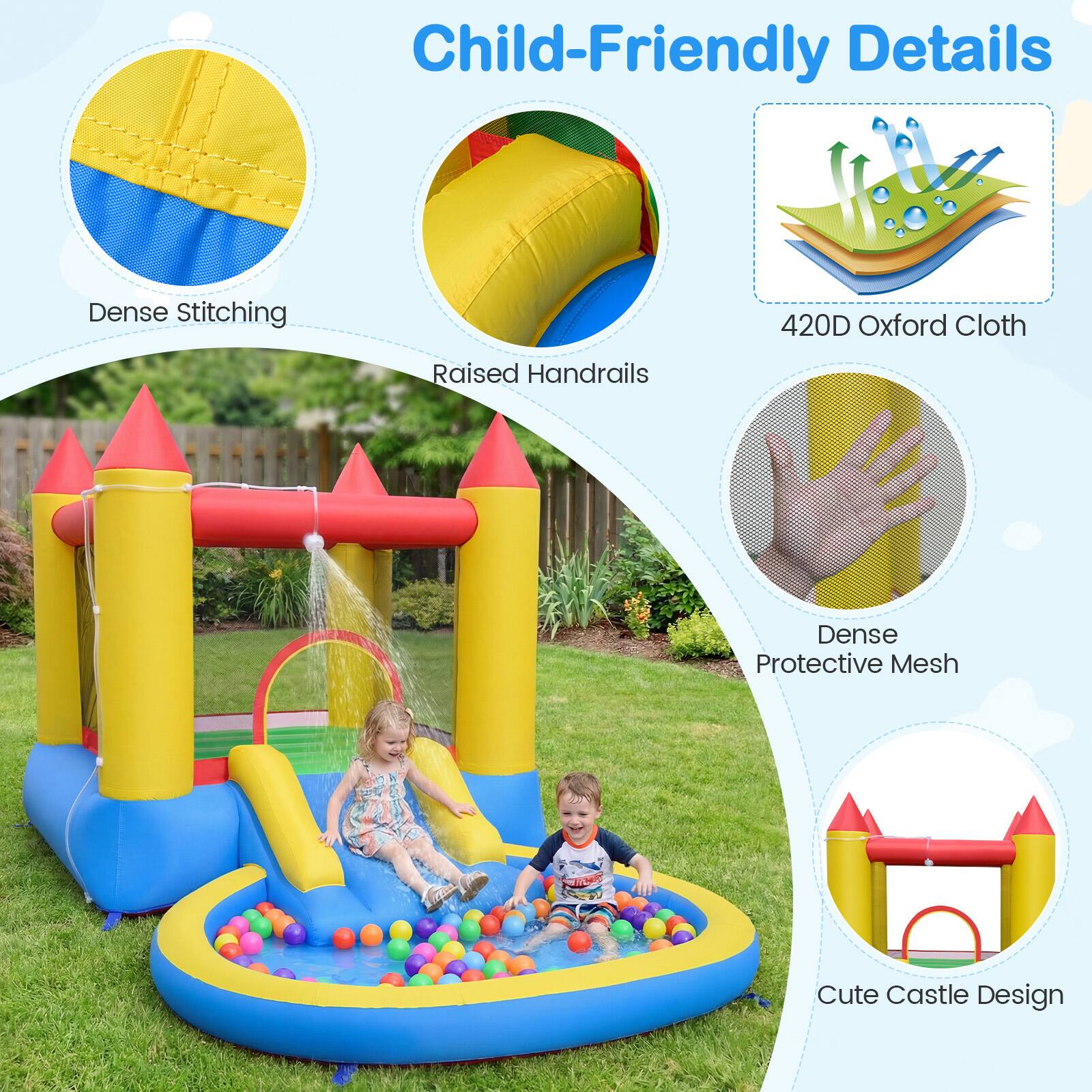 Child-Friendly Details

- Dense Stitching
- Raised Handrails
- 420D Oxford Cloth
- Dense Protective Mesh
- Cute Castle Design