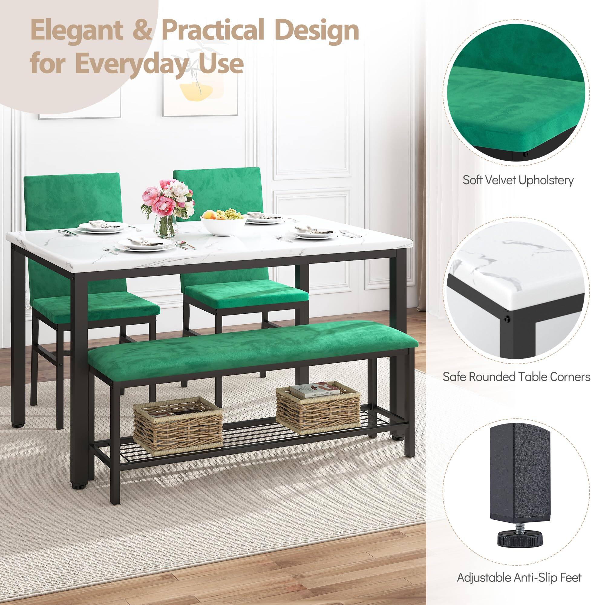 Elegant & Practical Design for Everyday Use

Soft Velvet Upholstery

Safe Rounded Table Corners

Adjustable Anti-Slip Feet
