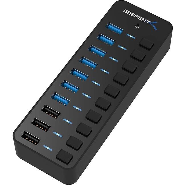 Sabrent - 7 USB 3.0 Port + 3 Smart Charging Ports Hub - USB 3.0 - External - 7 USB Port(s) - 7 USB 3.0 Port(s) - Linux - Black