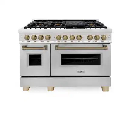Front. ZLINE - Autograph 48 in. 6.0 cu. ft. Legacy Freestanding Dual Fuel Range with 6 Burners & Convection Oven w/ Bronze Accents - Stainless steel.