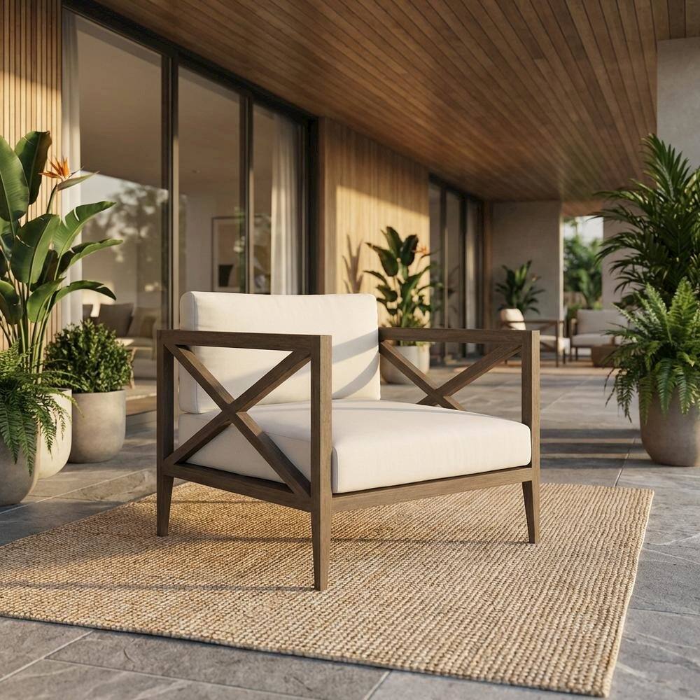 Angle. Outdoor Escape - Teak Outdoor Patio Armchair With Wide Armrests And Durable Build - Gray.