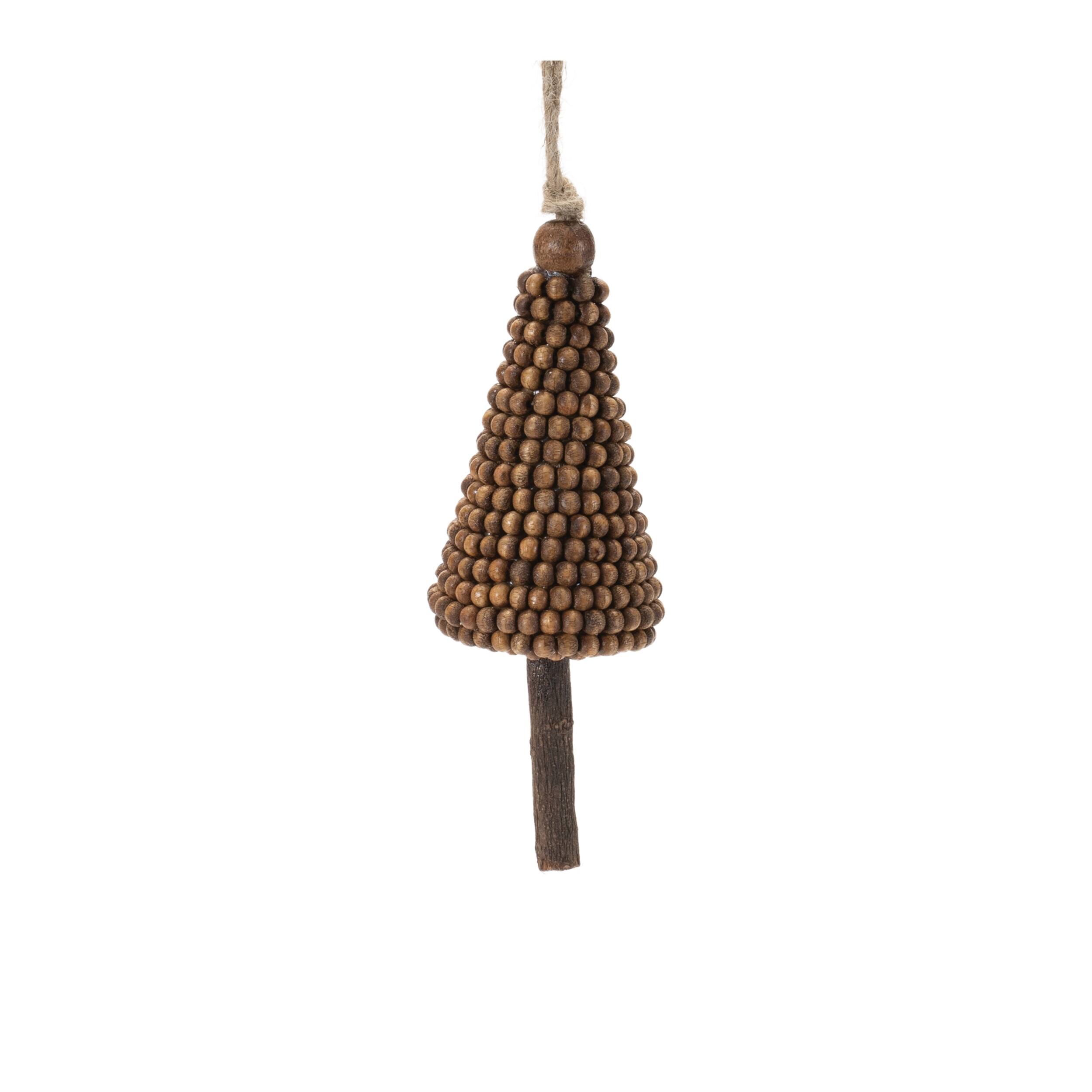 Back. BreeBe - Wood Beaded Pine Tree Ornament (Set of 4) - Brown.