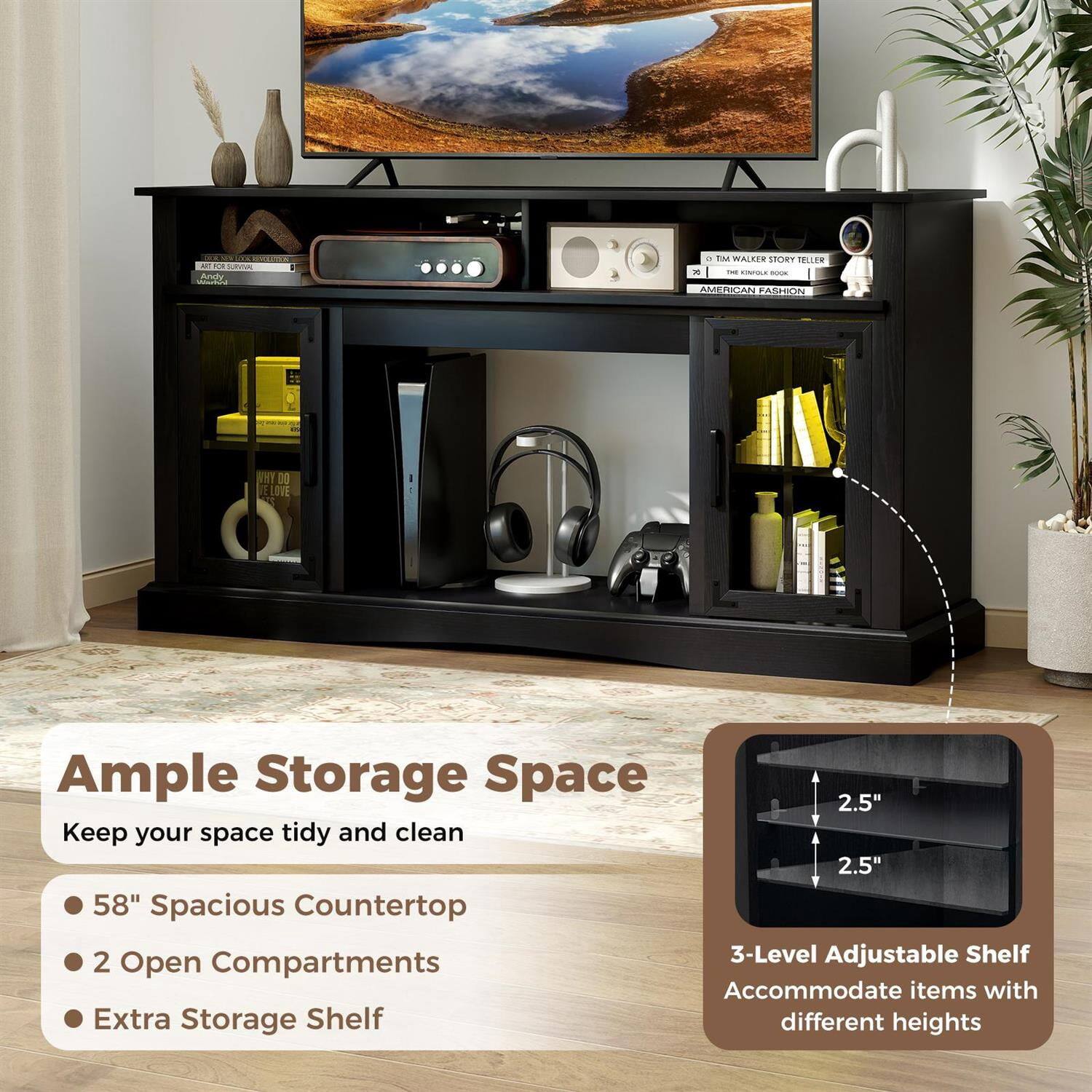 Ample Storage Space  
Keep your space tidy and clean

- 58" Spacious Countertop
- 2 Open Compartments
- Extra Storage Shelf

3-Level Adjustable Shelf  
Accommodate items with different heights