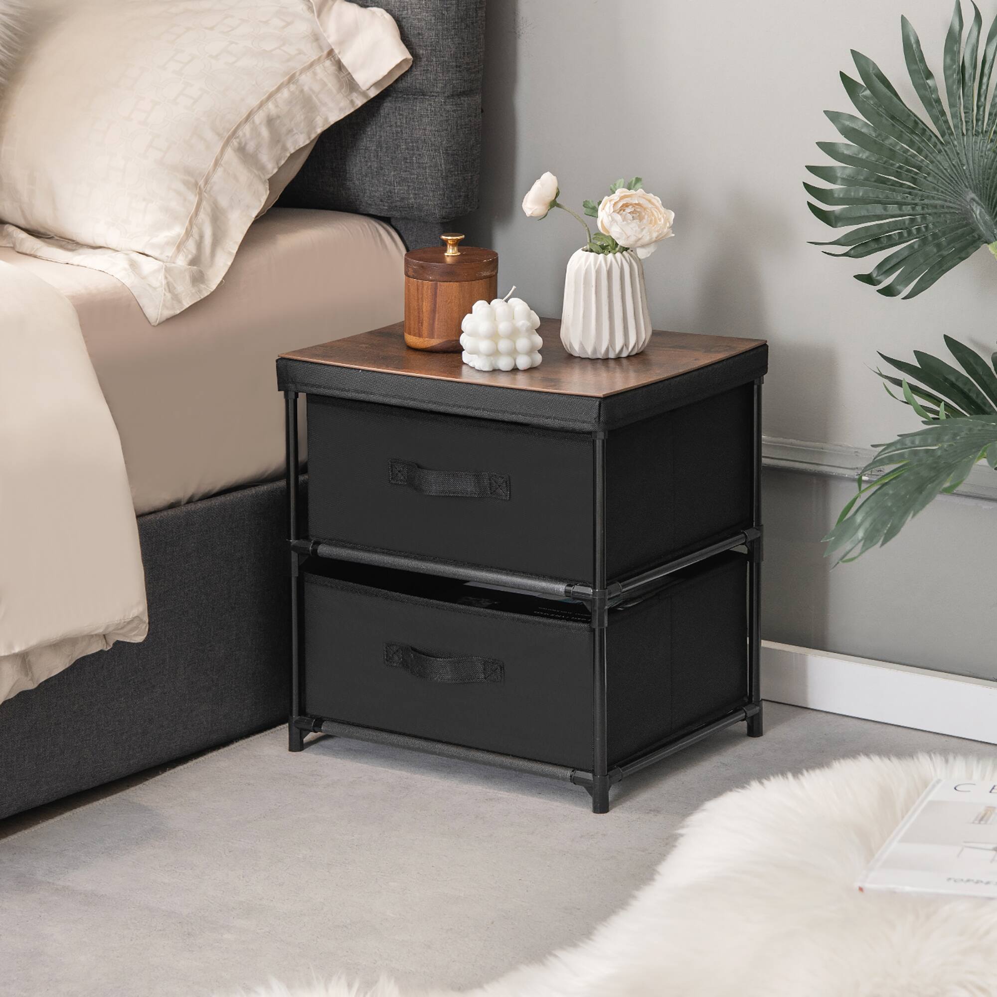 Alt View 12. Costway - 2PCS Fabric Bedside Table 2 Drawers Nightstand Small Dresser Bedroom Living Room - Black/Rustic Brown.