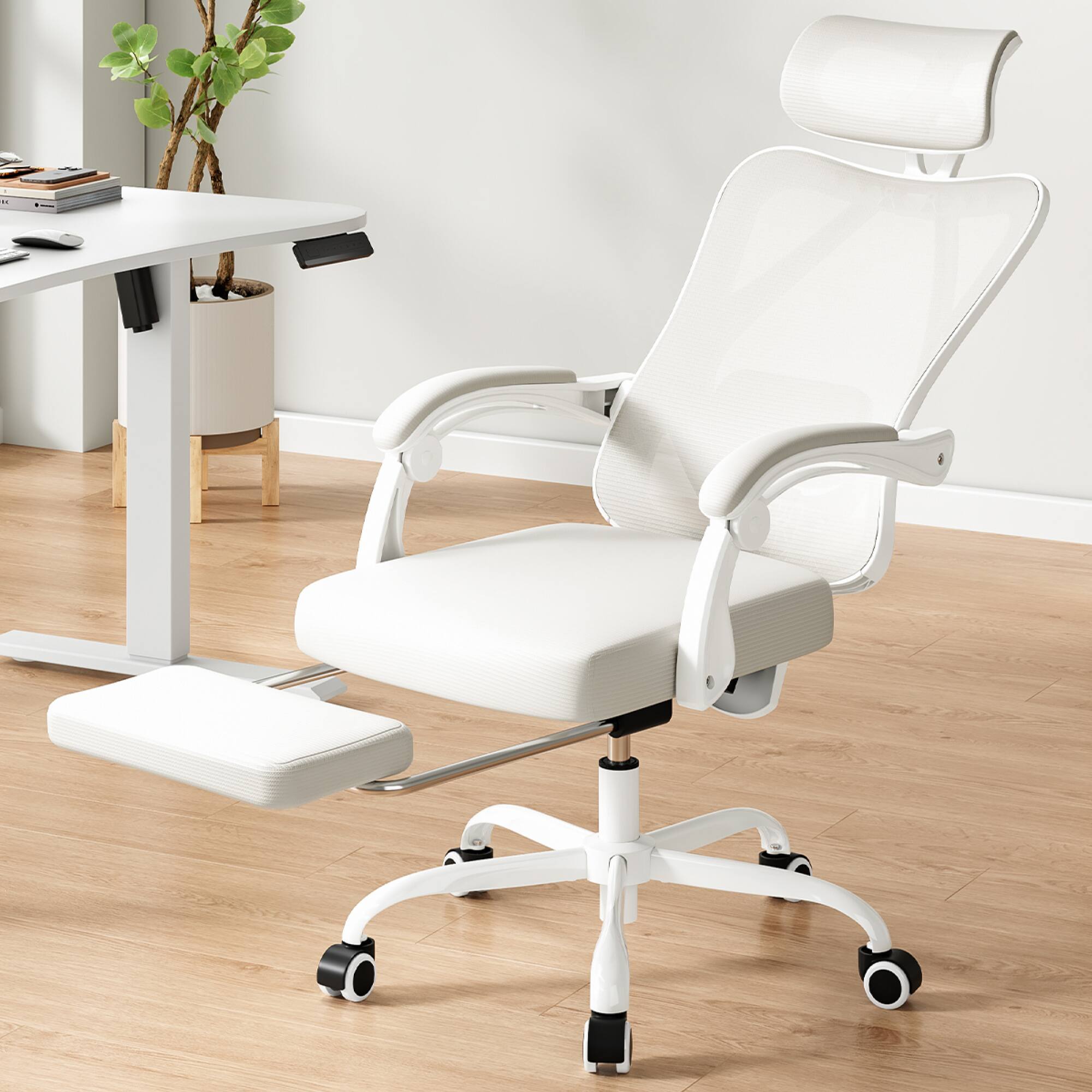 Back. GOODSILO - Ergonomic High-Back Mesh Office Chair with Adjustable Lumbar Support and Retractable Footrest for Home and Office Use - Beige.