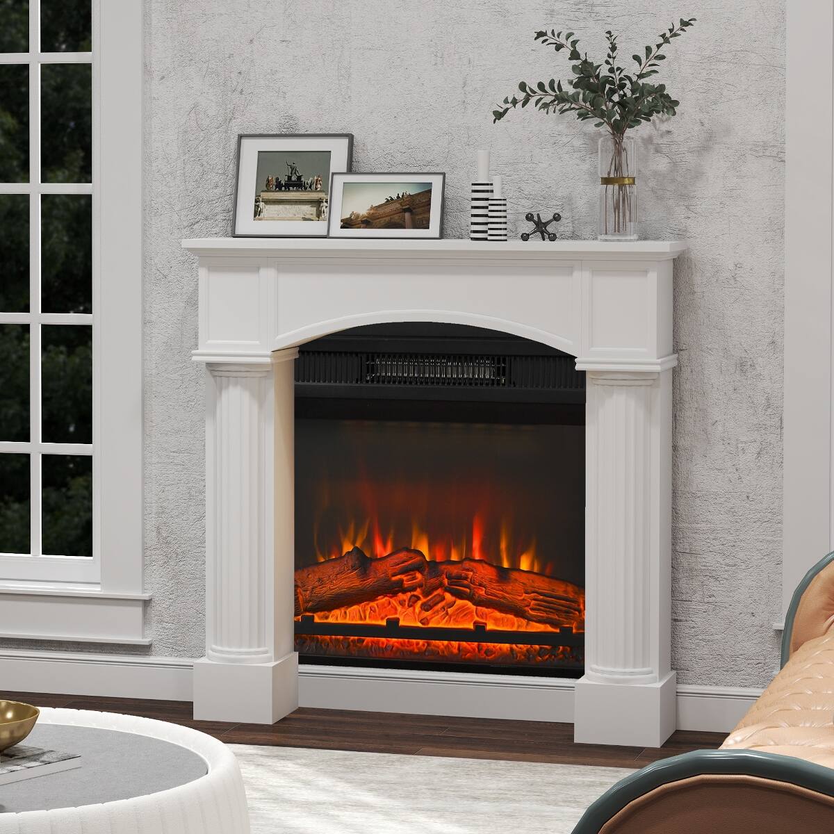Alt View 4. Loheer - Loheer Modern White Fireplace Mantel Freestanding Fireplace Surround 43.3in W - White.