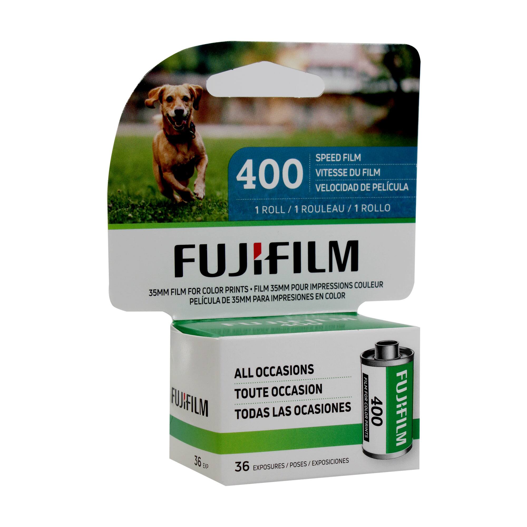 SPEED FILM  
400  
VITESSE DU FILM  
VELOCIDAD DE PELICULA  
1 ROLL / 1 ROULEAU / 1 ROLLO  
35MM FILM FOR COLOR PRINTS  
PELICULA DE 35MM PARA IMPRESIONES EN COLOR  
ALL OCCASIONS  
TOUTE OCCASION  
TODAS LAS OCASIONES  
FUJIFILM  
36 EXPOSURES / POSES / EXPOSICIONES