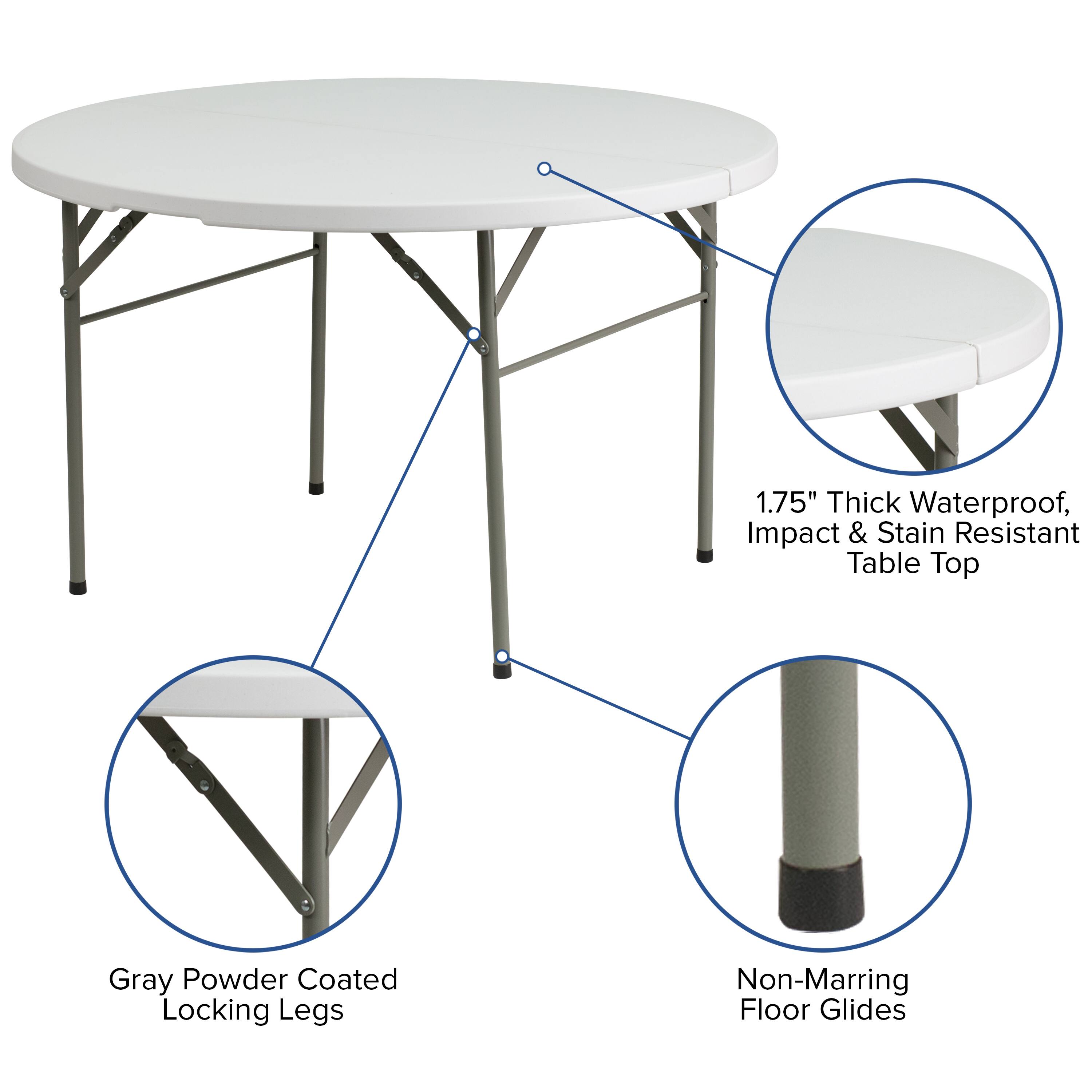 1.75" Thick Waterproof, Impact & Stain Resistant Table Top  
Gray Powder Coated Locking Legs  
Non-Marring Floor Glides