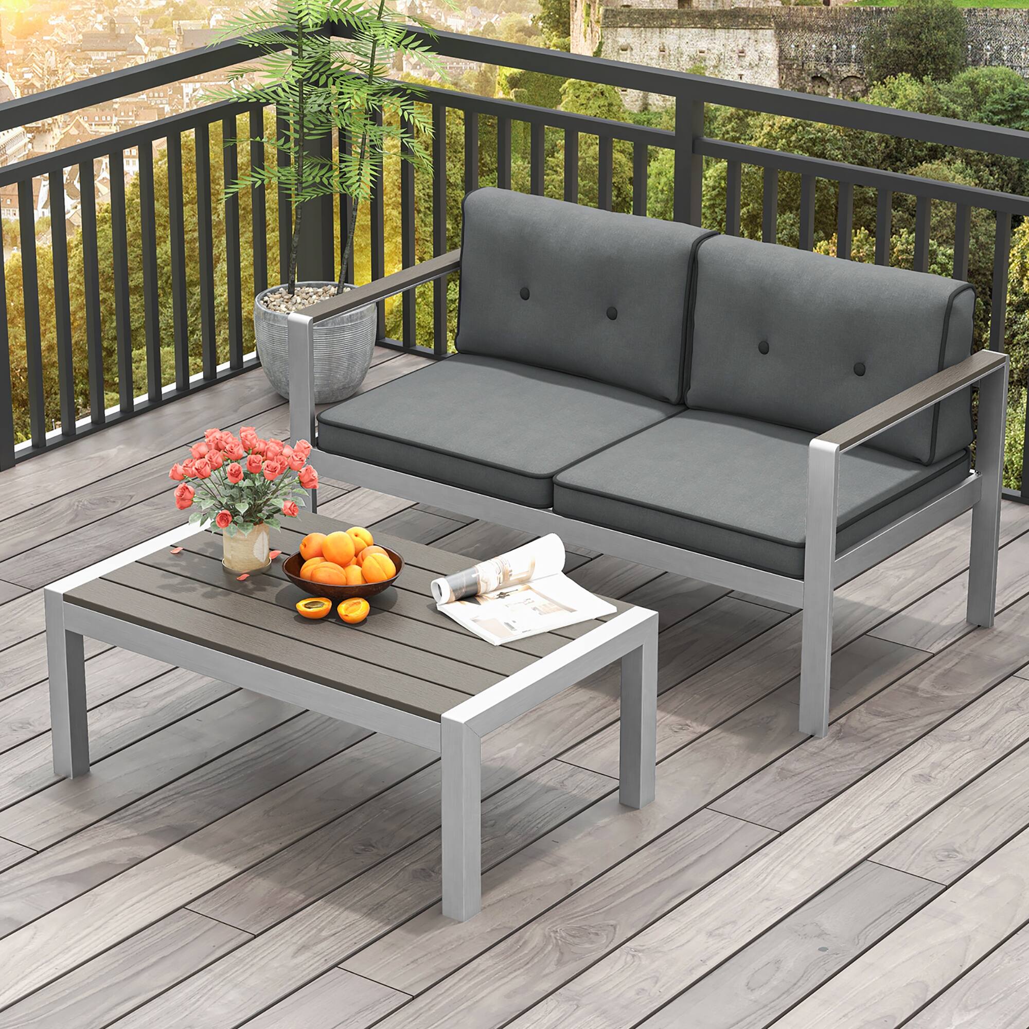 Alt View 3. Gymax - Gymax 2 Pieces Outdoor Aluminum Loveseat & Coffee Table Set w/ Cushions Patio Furniture Set - Gray, Silver.
