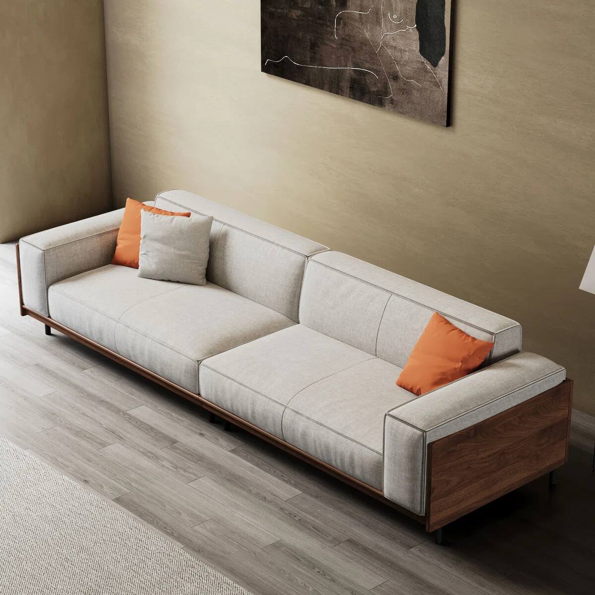 Alt View 3. luck idea - 111.81" Mid-Century 4-Seater Sofa, Linen Fabric Couch with Walnut Wood Arm Panels & 3 Throw Pillows for Living Room - Gray.