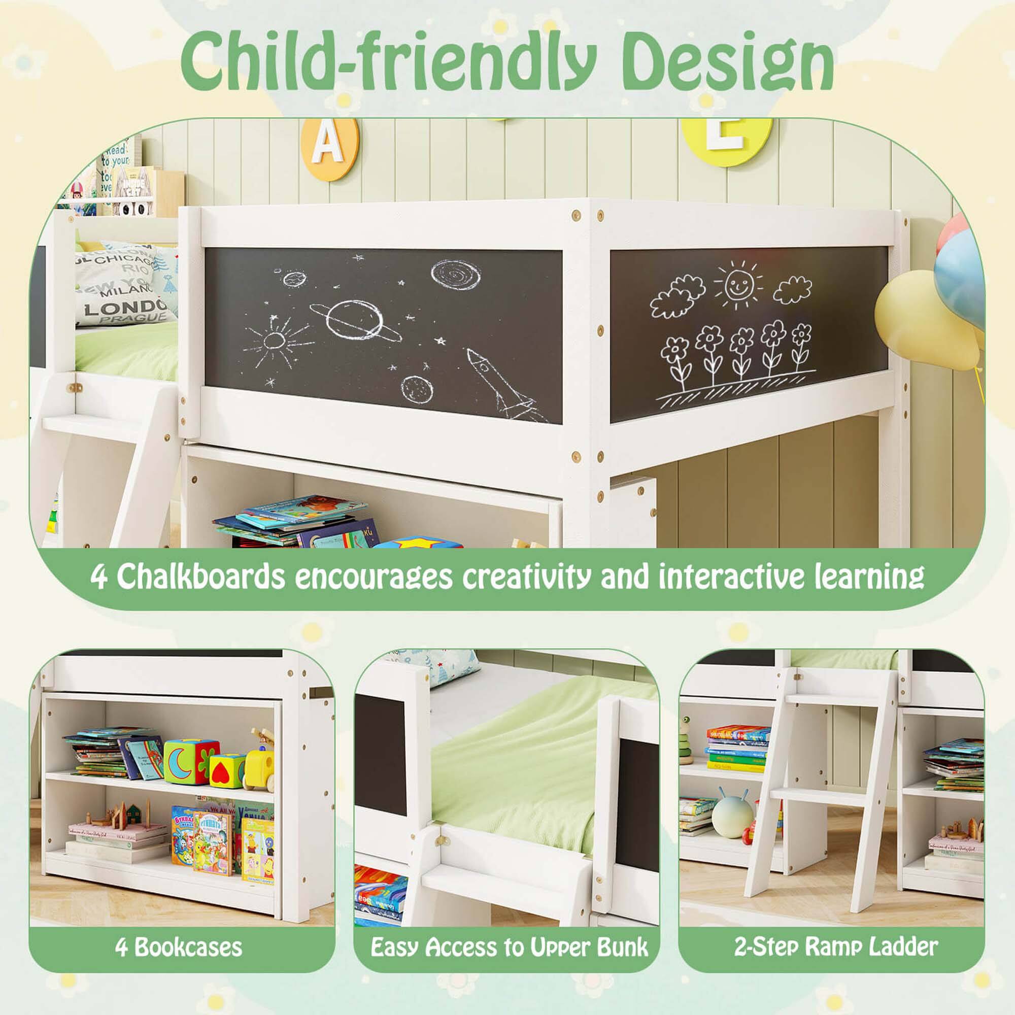 Child-friendly Design: 4 Chalkboards encourage creativity and interactive learning. 4 Bookcases provide easy access to the Upper Bunk, and a 2-Step Ramp Ladder is included for added convenience.