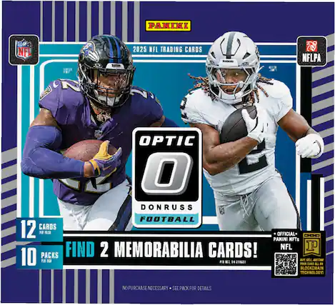 PANINI NFL 2025 NFL TRADING CARDS RACERS NFLPA DRICE FROT OPTIC O DONRUSS FOOTBALL 12 CARDS OFFICIAL PANINI NFTs FIND 2 MEMORABILIA CARDS! NFL P 10 PACKS PE I0 U SEL AUCTBS II BL " SIN TOUR CARD ALL " BLOCKCHAIN TECHNOLOGY? NO PURCHASE NECESSARY SEE PACK FOR DETAILS