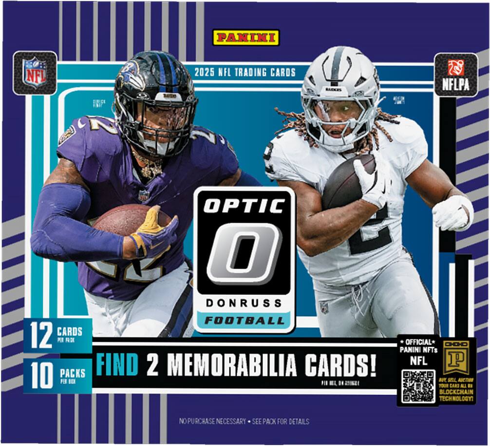 PANINI NFL 2025 NFL TRADING CARDS RACERS NFLPA DRICE FROT OPTIC O DONRUSS FOOTBALL 12 CARDS OFFICIAL PANINI NFTs FIND 2 MEMORABILIA CARDS! NFL P 10 PACKS PE I0 U SEL AUCTBS II BL " SIN TOUR CARD ALL " BLOCKCHAIN TECHNOLOGY? NO PURCHASE NECESSARY SEE PACK FOR DETAILS