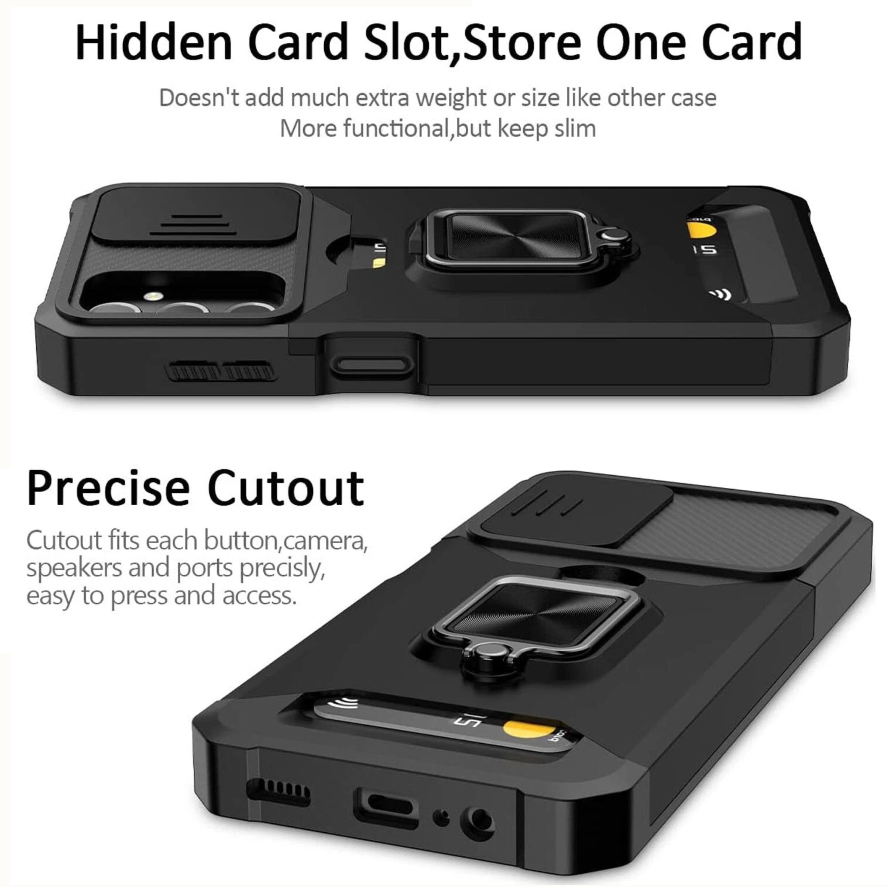 Hidden Card Slot, Store One Card  
Doesn't add much extra weight or size like other case  
More functional, but keep slim  

Precise Cutout  
Cutout fits each button, camera, speakers and ports precisely, easy to press and access.