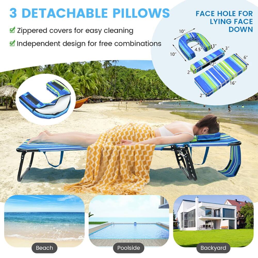 3 DETACHABLE PILLOWS  
- Zippered covers for easy cleaning  
- Independent design for free combinations  

FACE HOLE FOR LYING FACE DOWN  

10"  
4.5"  
3"  
6"  
12"  
2"  
16"  

Beach  
Poolside  
Backyard
