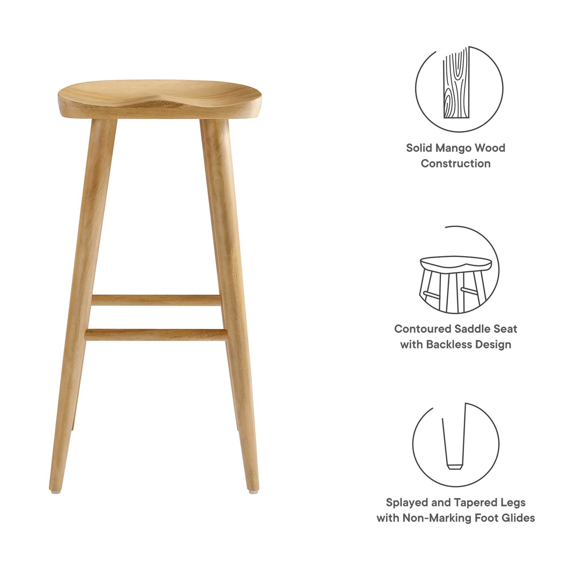Solid Mango Wood Construction  
Contoured Saddle Seat with Backless Design  
Splayed and Tapered Legs with Non-Marking Foot Glides