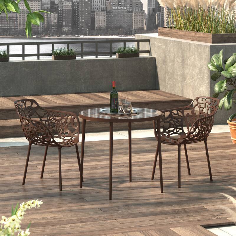 Angle. LeisureMod - Set of 2 Devon Aluminum Dining Chair with UV-Protected Aluminum Frame Floral Cutout Design for Indoor Outdoor - Brown.