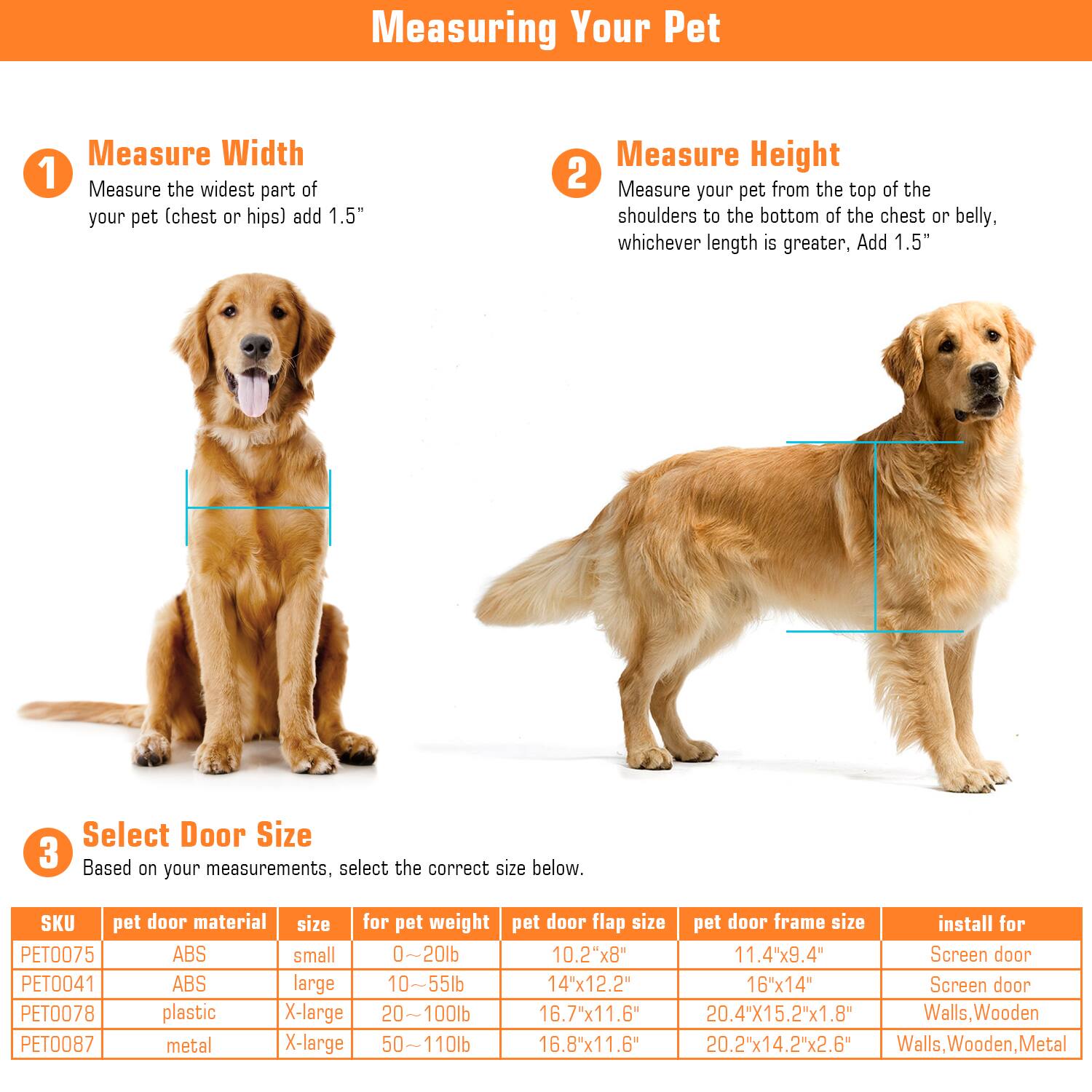 **Measuring Your Pet**

1. **Measure Width**  
   Measure the widest part of your pet (chest or hips) add 1.5"

2. **Measure Height**  
   Measure your pet from the top of the shoulders to the bottom of the chest or belly, whichever length is greater, Add 1.5"

3. **Select Door Size**  
   Based on your measurements, select the correct size below.

| SKU    | pet door material | size | for pet weight | pet door flap size | pet door frame size | install for       |
|--------|------------------|------|---------------|------------------|-------------------|------------------|
| PET0075 | ABS             | small| 0-20lb        | 10.2"x8"         | 11.4"x9.4"         | Screen door       |
| PET0041 | ABS             | large| 10-55lb       | 14"x12.2"        | 16"x14"           | Screen door       |
| PET0078 | plastic         | X-large| 20-100lb     | 16.7"x11.6"      | 20.4"x15.2"x1.8"    | Walls, Wooden     |
| PET0087 | metal           | X-large| 50-110lb     | 16.8"x11.6"      | 20.2"x14.2"x2.6"    | Walls, Wooden, Metal|