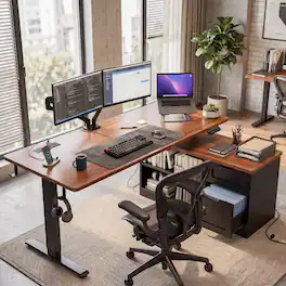 Furnulem - L Shaped Electric Height Adjustable Standing Desk with File Cabinet Power Outlet Storage Drawer for Home Office - Walnut