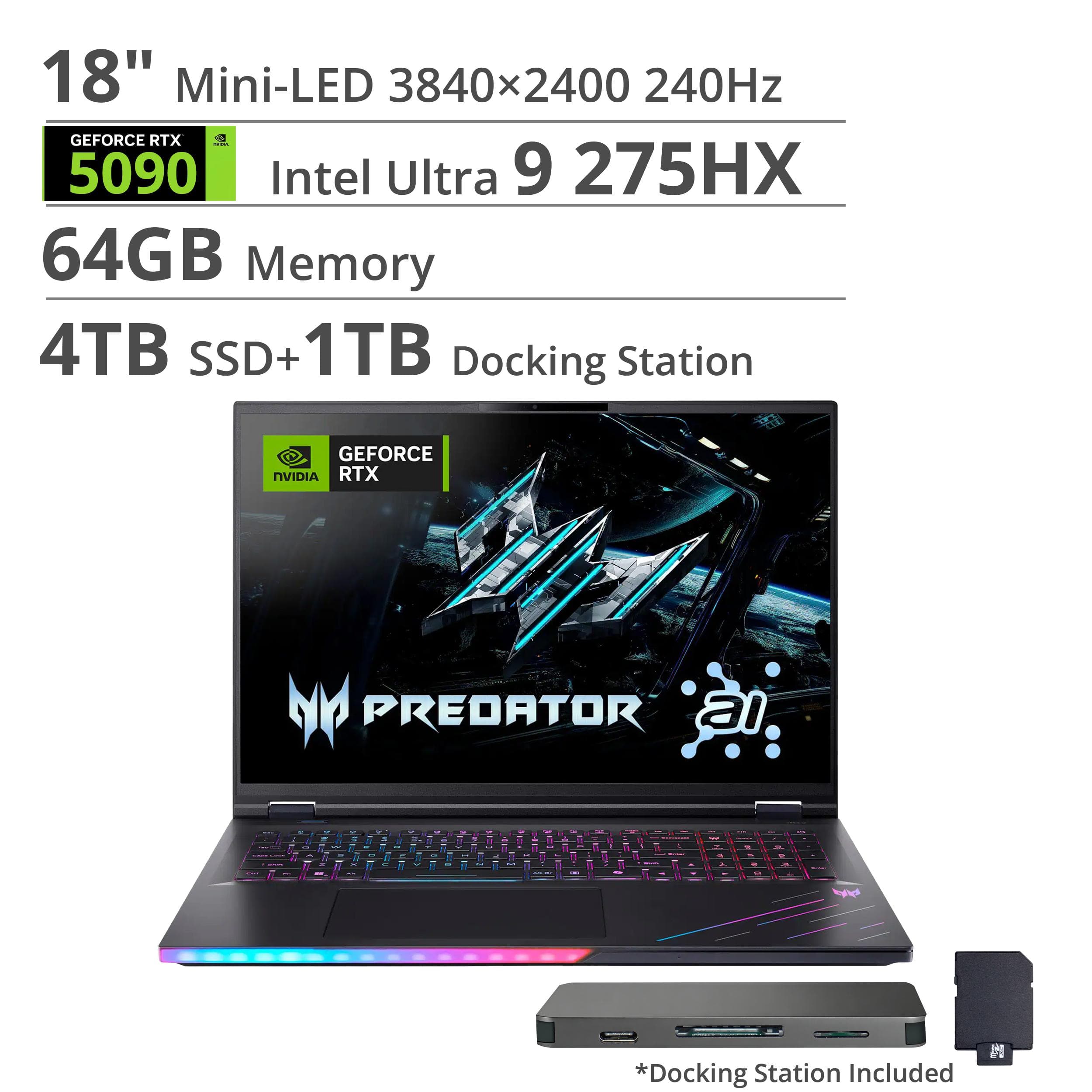 Acer - Predator Helios 18 AI- 18" 240Hz Gaming Laptop - 3840 x 2400- Intel Core Ultra 9 - NVIDIA GeForce RTX 5090 – 64GB – 4TB - Abyssal Black