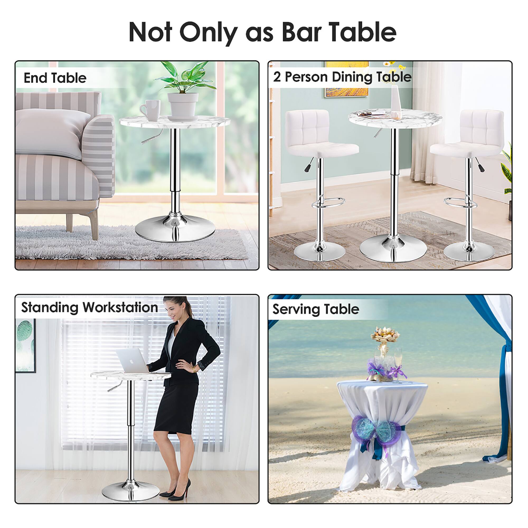 Not only as bar table, end table, 2 person dining table, standing workstation, serving table.