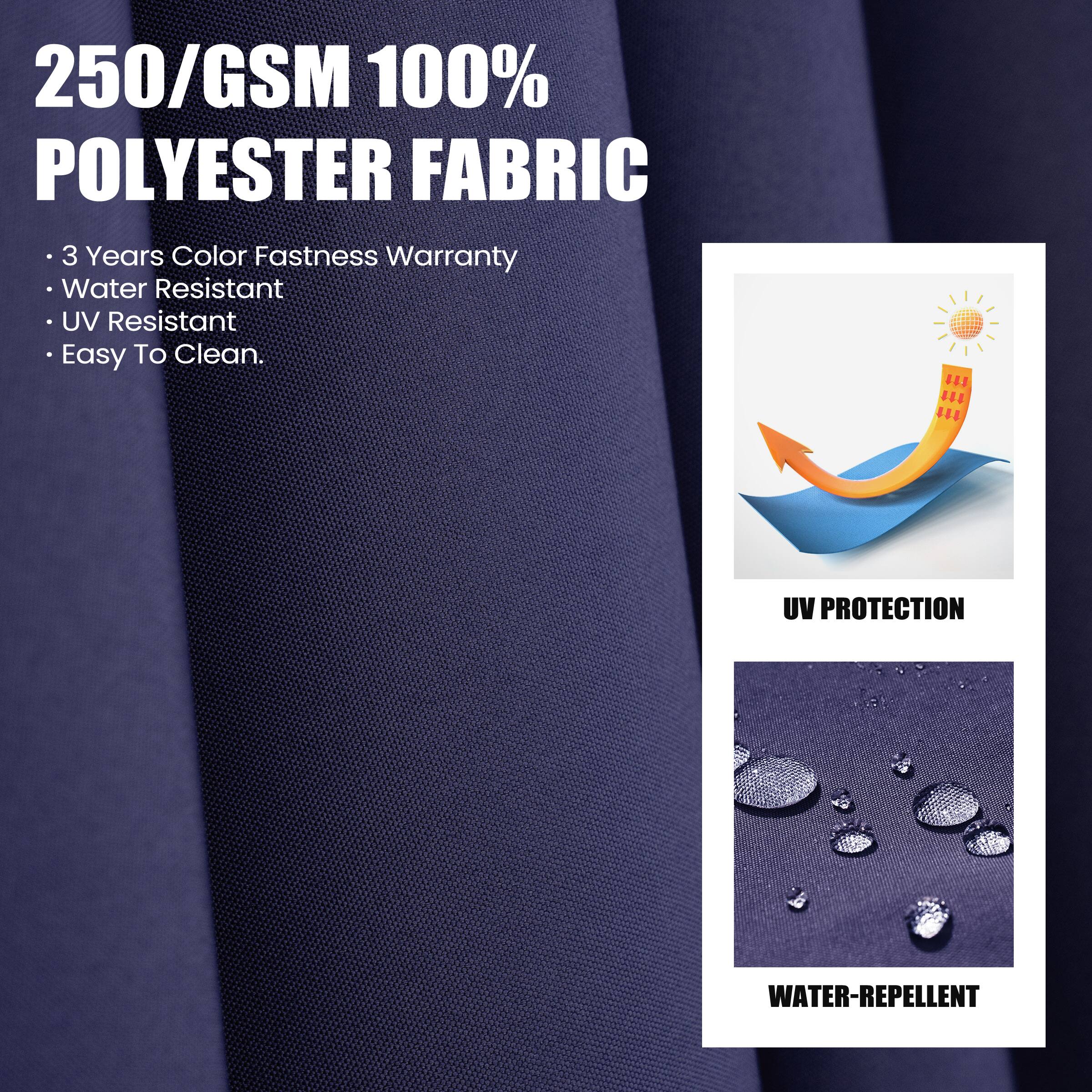 250/GSM 100% POLYESTER FABRIC

- 3 Years Color Fastness Warranty
- Water Resistant
- UV Resistant
- Easy To Clean.

UV PROTECTION

WATER-REPELLENT