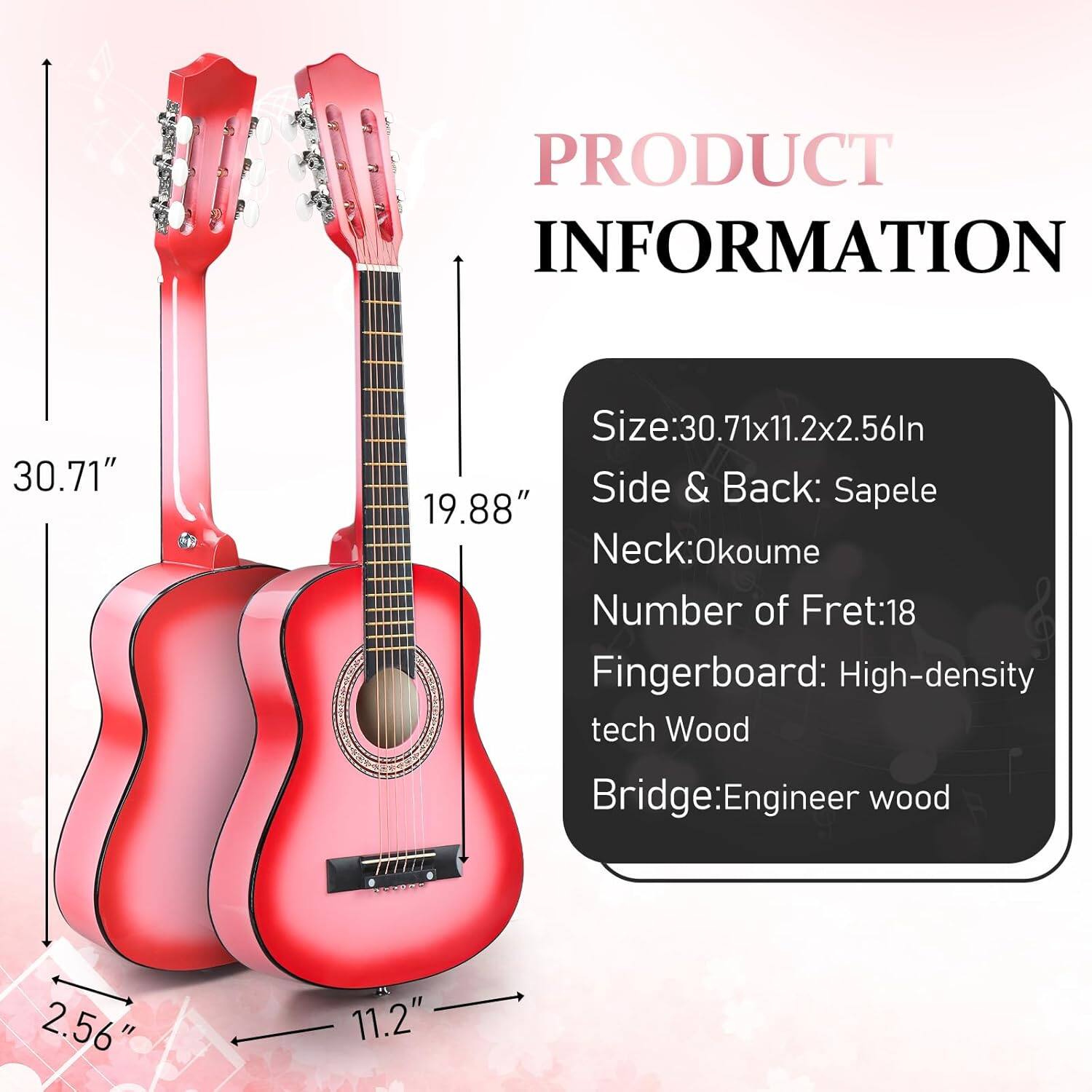 PRODUCT INFORMATION

Size: 30.71x11.2x2.56In  
Side & Back: Sapele  
Neck: Okoume  
Number of Fret: 18  
Fingerboard: High-density tech Wood  
Bridge: Engineer wood
