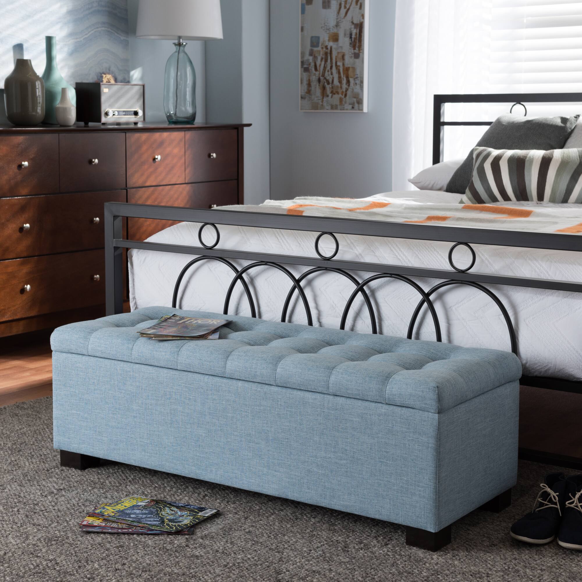 Alt View 4. Baxton Studio - Roanoke Modern and Contemporary Fabric Upholstered Grid-Tufting Storage Ottoman Bench - Light Blue.