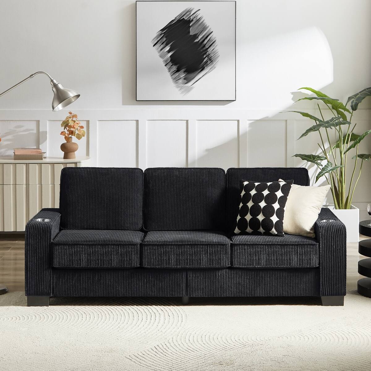 Angle. Ropilly - Ropilly Modern Corduroy 3 Seater Sofa, Black Corduroy Sofa with Armrest Cup Holders, 83.86 Inch Couch - Black.