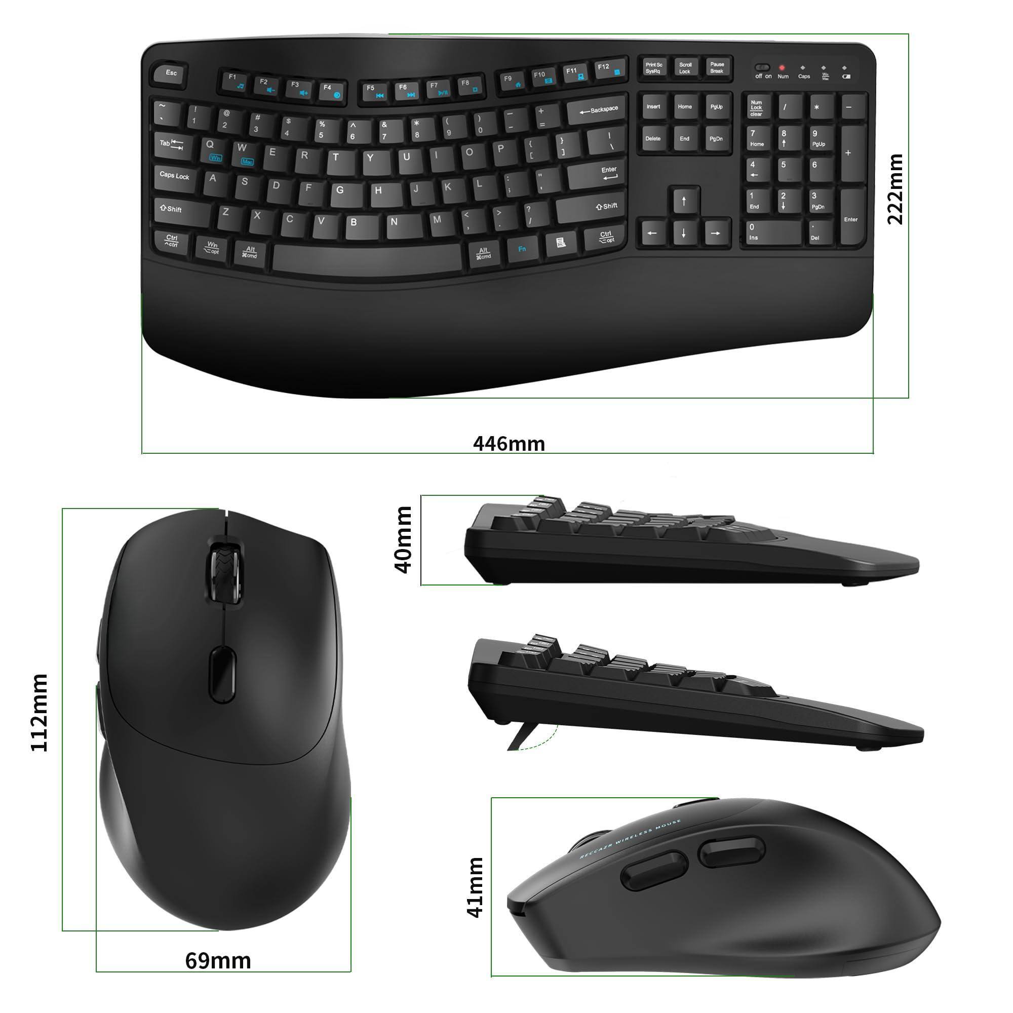 Sure, here is the corrected and grouped text from the image:

**Keyboard:**
- 446mm (width)
- 222mm (depth)

**Mouse:**
- 69mm (width)
- 112mm (height)
- 41mm (depth)

**Numeric Keypad:**
- 40mm (depth)

**Additional Mouse:**
- 41mm (depth)