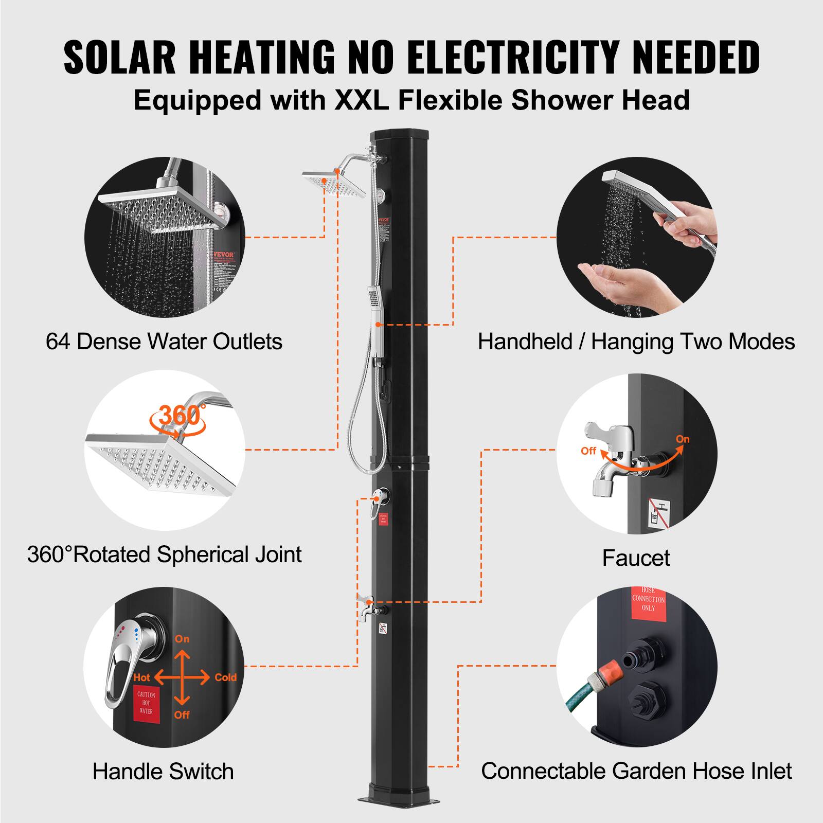 SOLAR HEATING NO ELECTRICITY NEEDED  
Equipped with XXL Flexible Shower Head  

- 64 Dense Water Outlets  
- Handheld / Hanging Two Modes  
- 360° Rotated Spherical Joint  
- Handle Switch (Hot / Cold / Off)  
- Faucet (On / Off)  
- Connectable Garden Hose Inlet
