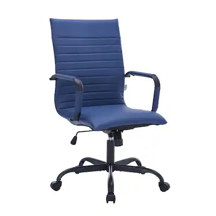 Front. LeisureMod - Harris Mid-Back Leather Office Chair Adjustable Height Tilt in Black Stainless Steel 360-Degree Swivel - Blue.