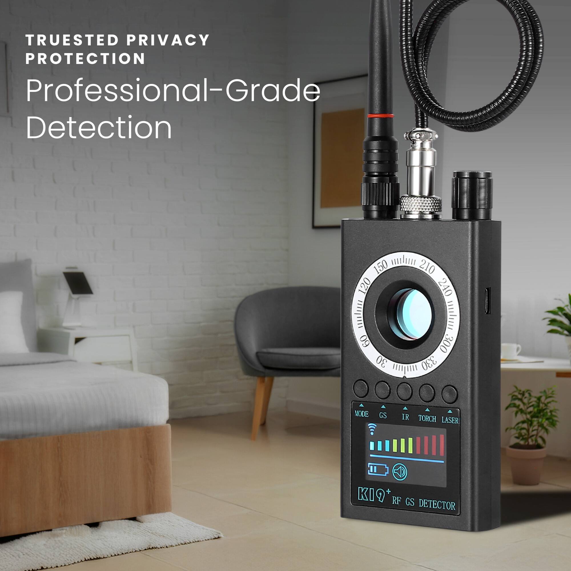 TRUSTED PRIVACY PROTECTION  
Professional-Grade Detection  

10 150 210 240  
mil 09 300 30 330  

MODE GS IR TORCH LASER  
KI9+ RF GS DETECTOR