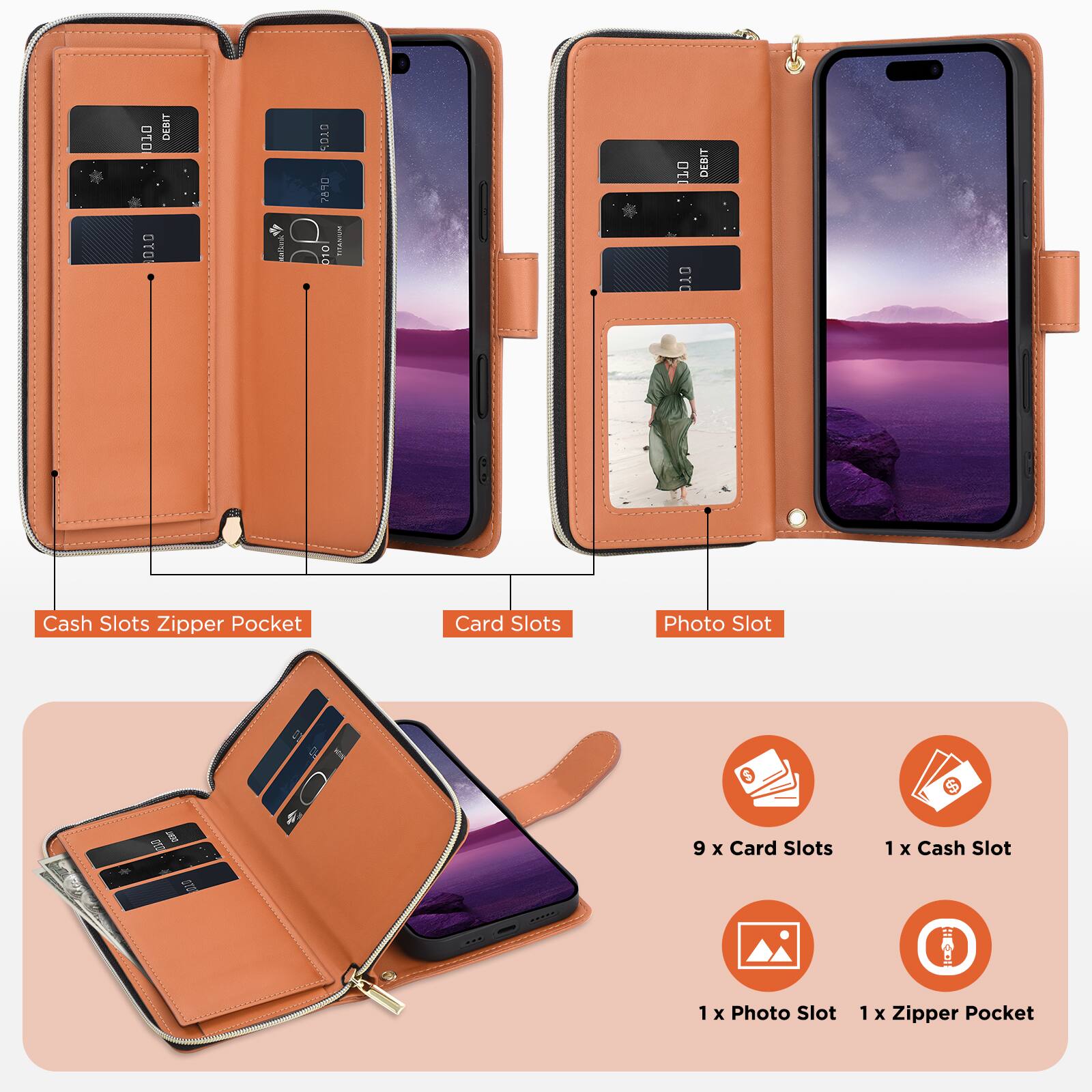 OT0 DEBIT OYO BTC 780 1 DO 010 I 10 DEBIT O

Cash Slots Zipper Pocket
Card Slots
Photo Slot

9 x Card Slots
1 x Cash Slot
1 x Photo Slot
1 x Zipper Pocket