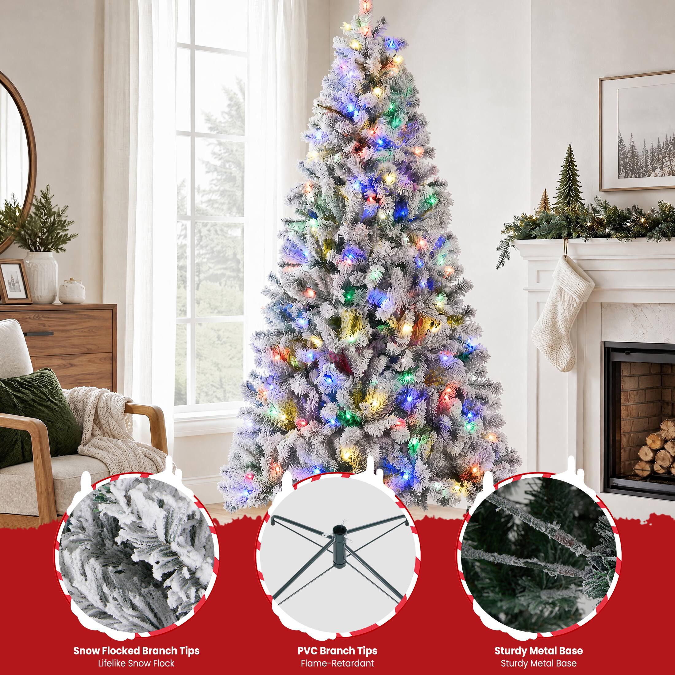 Sweetcrispy Pre Lit Flocked Artificial Christmas Tree w/ Multicolor LED ...