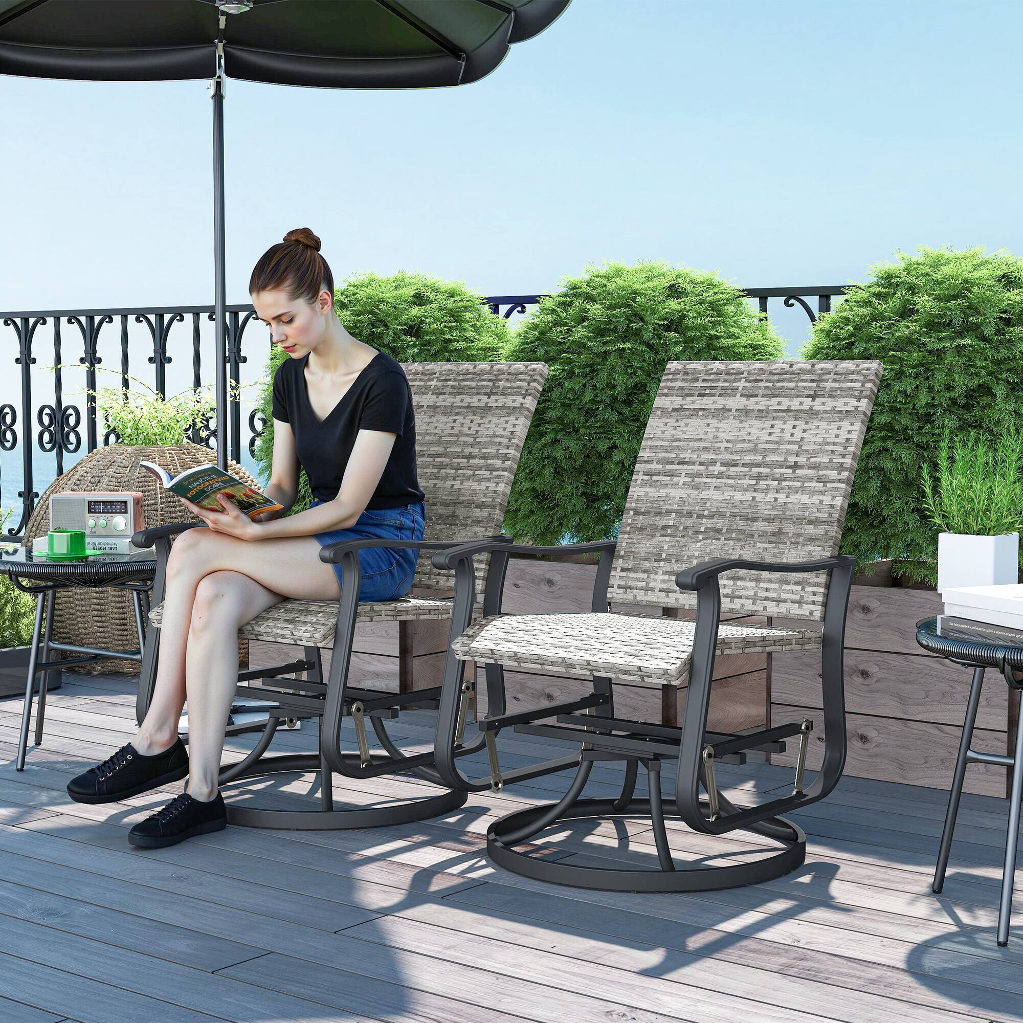 Alt View 1. Outsunny - Patio Glider Chair Set of 2, Wicker Rattan Outdoor Swivel Chair with Steel Frame, High Back, Armrests, Porch Glider - Yellow.