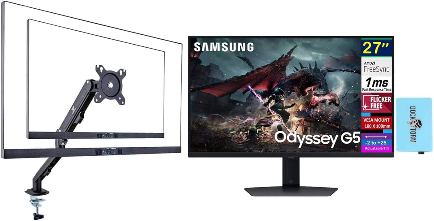 Samsung - Odyssey G50D 27" QHD IPS Monitor, AMD FreeSync, (LS27DG500ENXZA) w/DKZ Hub & Ergoflexy Single Mount Arm - Black