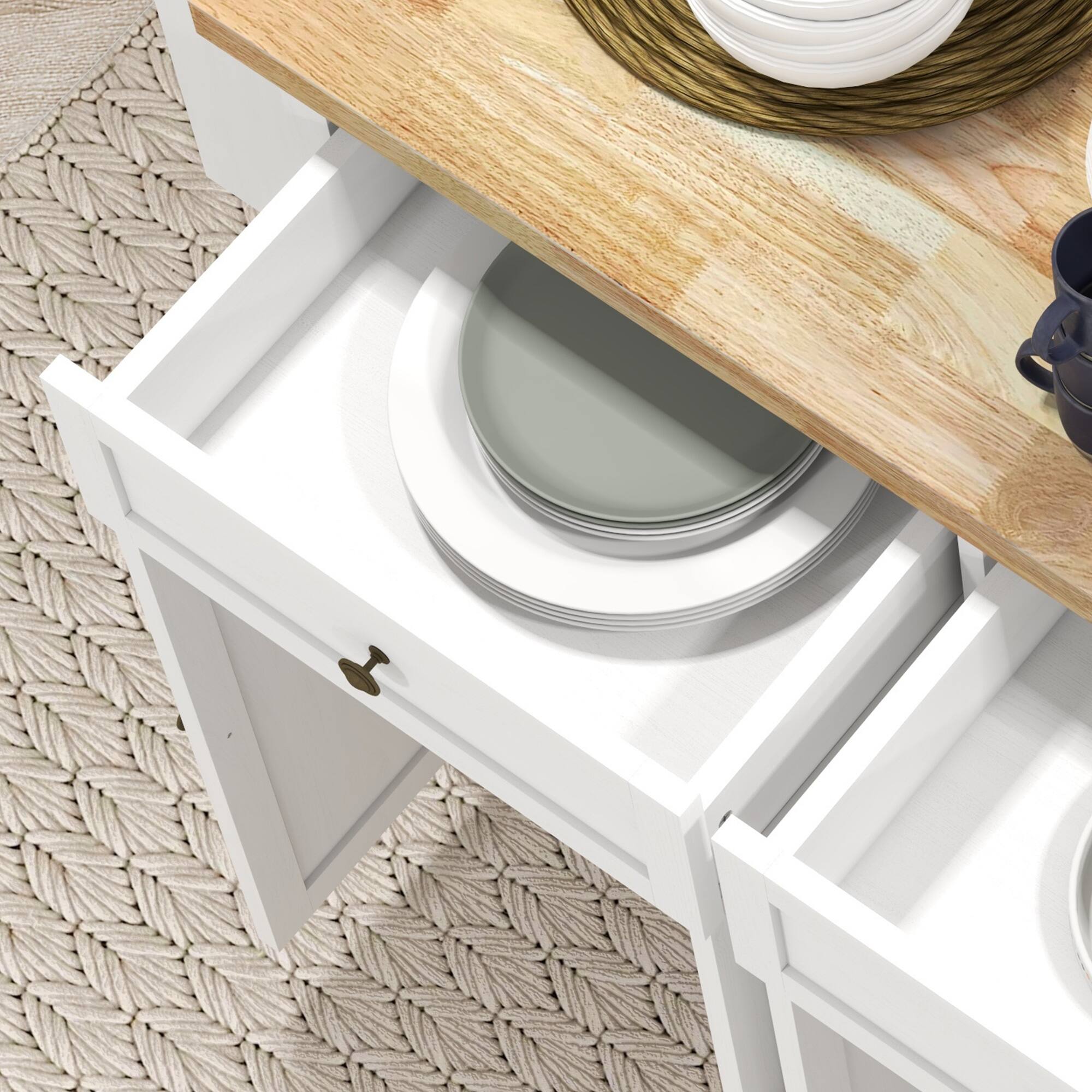 Alt View 8. Homcom - Kitchen Island Cart with Rubber Wood Top, Portable Table on Wheels with Adjustable Shelves, Spice Rack and Towel Rack - Distressed White.