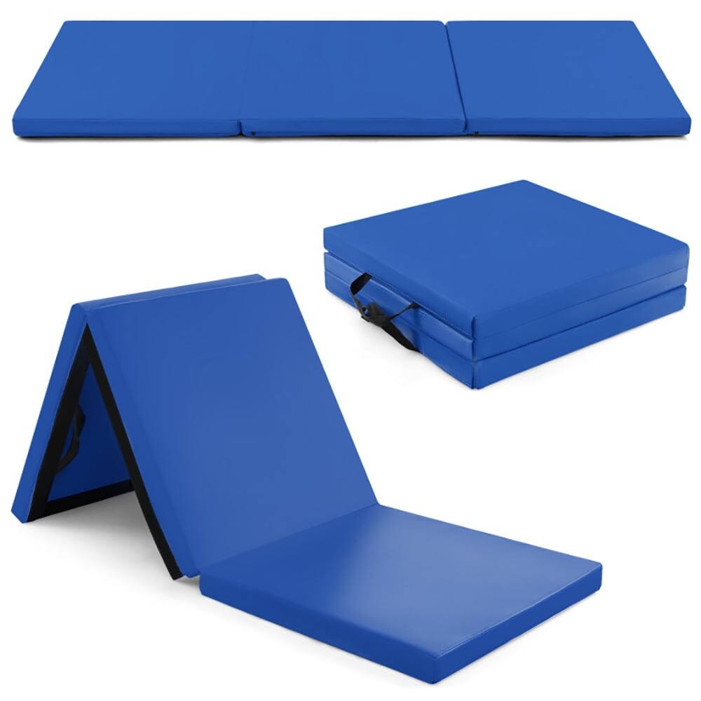 Front. Pefilos - 6 x 2 FT Tri-Fold Gym Mat with Handles and Removable Zippered Cover-Dark Blue, Folding Thick Exercise with Carrying - Blue.