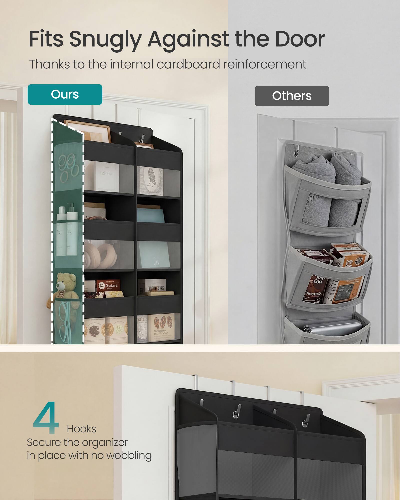 Fits Snugly Against the Door Thanks to the internal cardboard reinforcement

Ours

Others

4 Hooks Secure the organizer in place with no wobbling