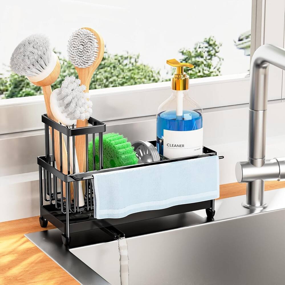 Front. PARKER SLATER - Sink Caddy Organizer – 304 Stainless Steel with Towel Rack, Silver.