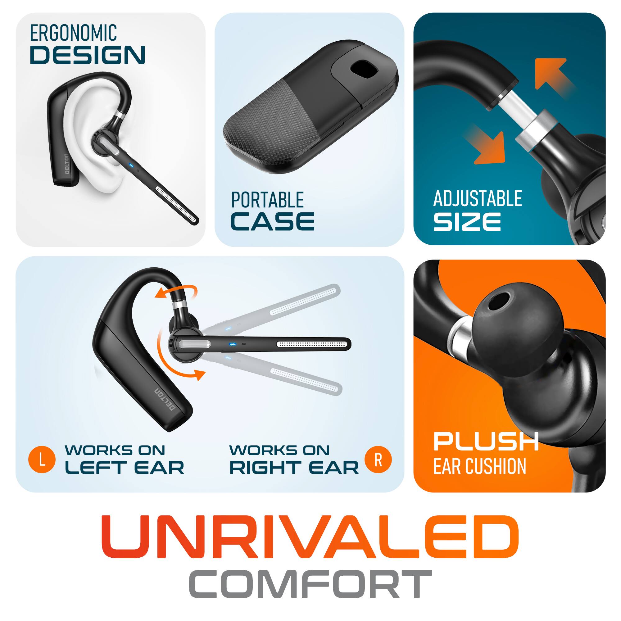 ERGONOMIC DESIGN, DELTO, PORTABLE CASE, ADJUSTABLE SIZE, PLUSH EAR CUSHION, WORKS ON L LEFT EAR, WORKS ON R RIGHT EAR, UNRIVALED COMFORT