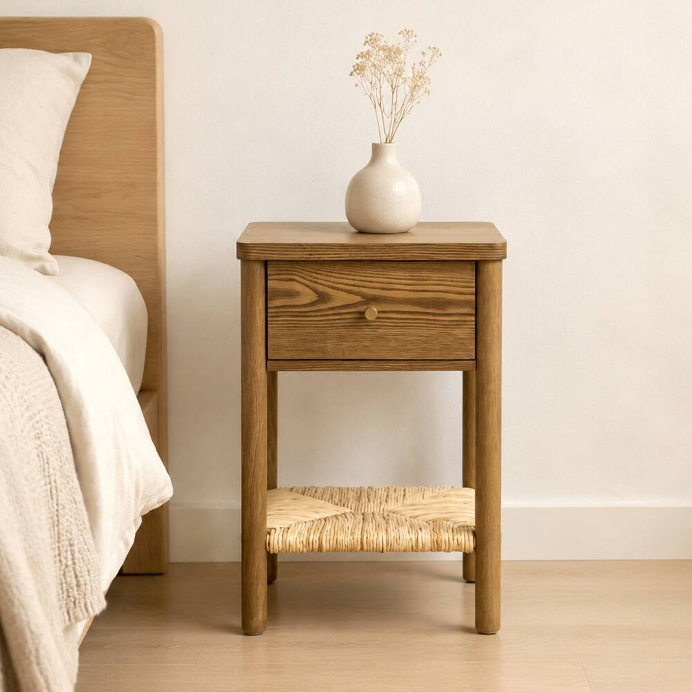 Angle. Loheer - Loheer Walnut Nightstand Solid Wood End Table with Drawer Jute Shelf Rounded Edge Bedside Table for Bedroom Living Room - Walnut.