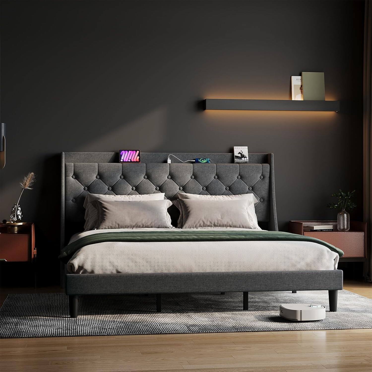 Back. Qeetex - Upholstered Bed Frame with Deep Button Tufted Headboard, Wood Slats, Storage Shelf & Charging Station, Dark Gray - Grey.