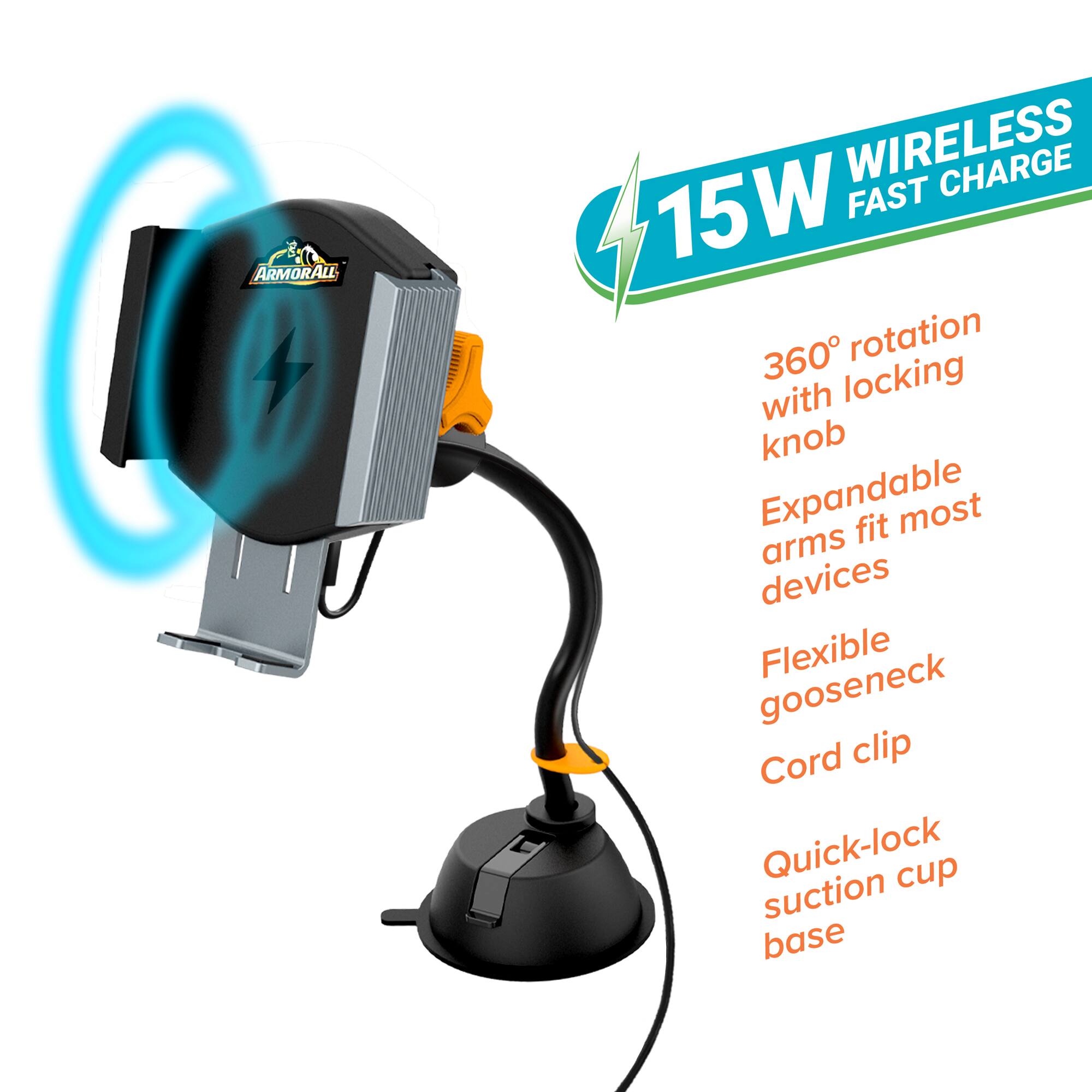 ARMORALL WIRELESS CHARGE 15W FAST 360° rotation with locking knob Expandable fit most arms devices Flexible gooseneck Cord clip Quick-lock cup suction base