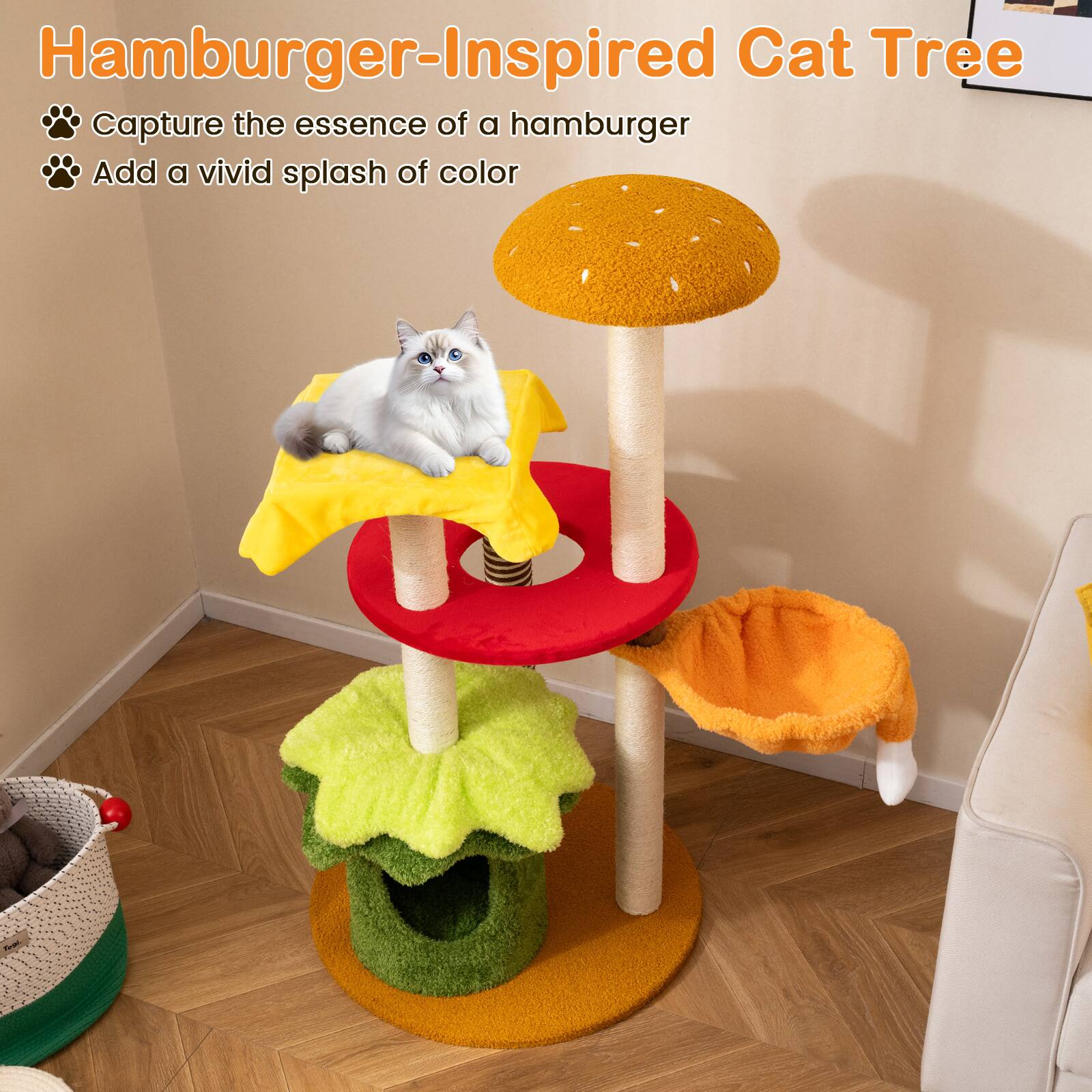 Hamburger-Inspired Cat Tree

- Capture the essence of a hamburger
- Add a vivid splash of color